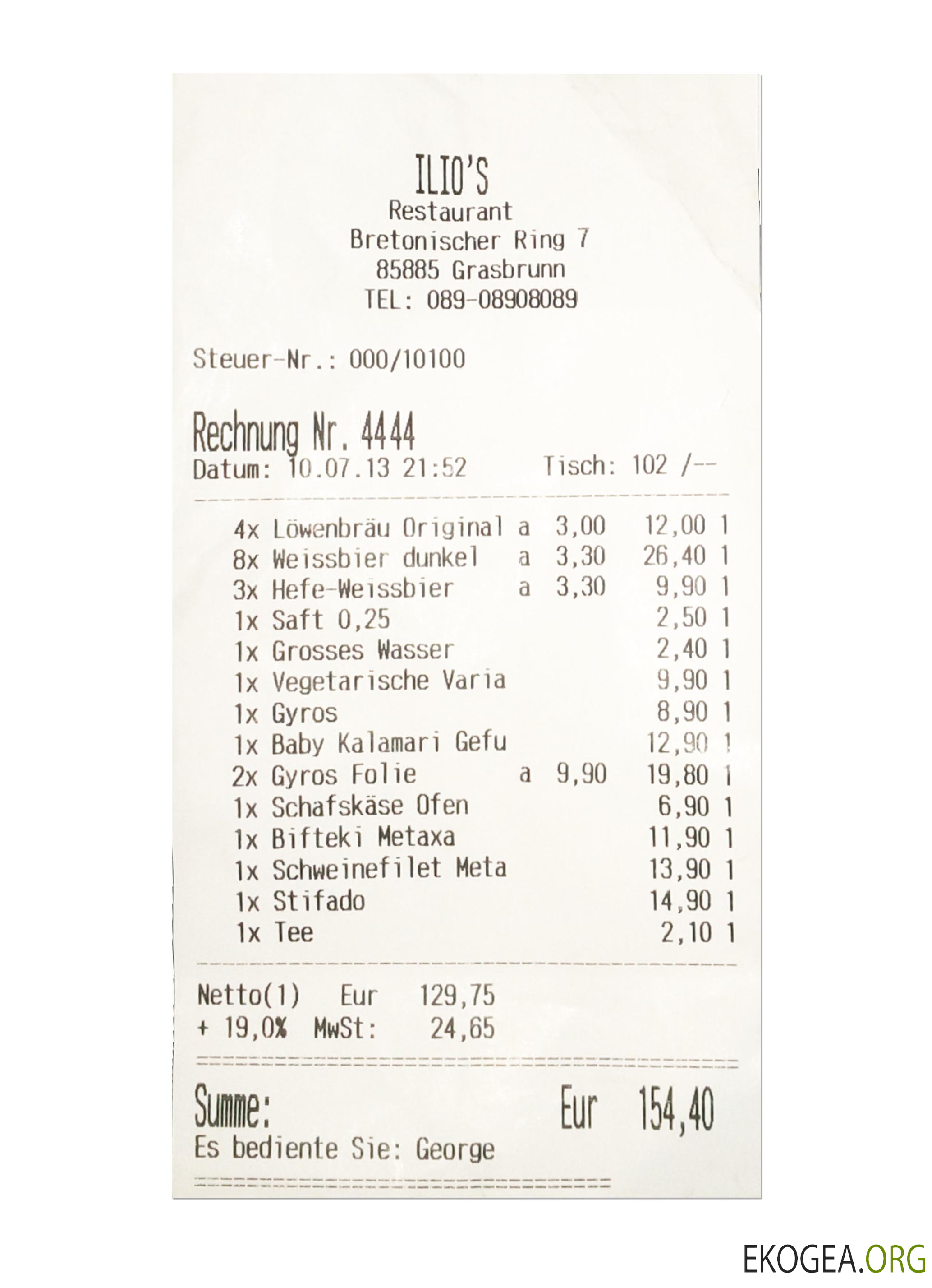 Chèque de paiement ILIO'S RESTAURANT